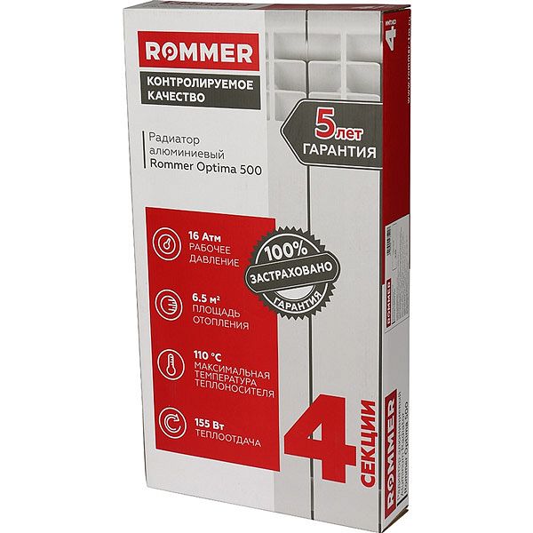 Радиатор алюминиевый ROMMER Optima   500/80    4  секций    150 Вт/секция 